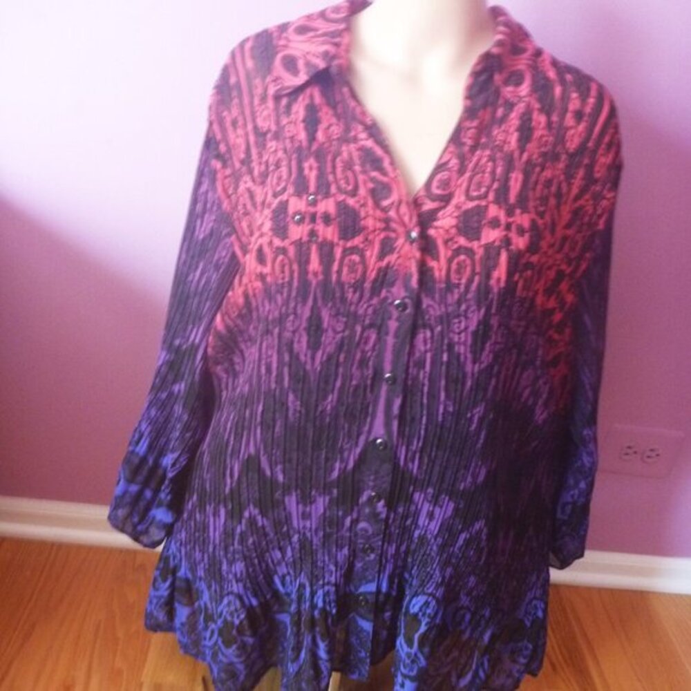 Liz Me 2X Plus Semi Sheer Crinkle Pleated Purple Black Top Tunic Bell Paisley